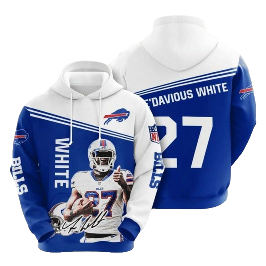 Buffalo Bills Tredavious White 27 Blue White AOP Hoodie -  Moonbestprint
