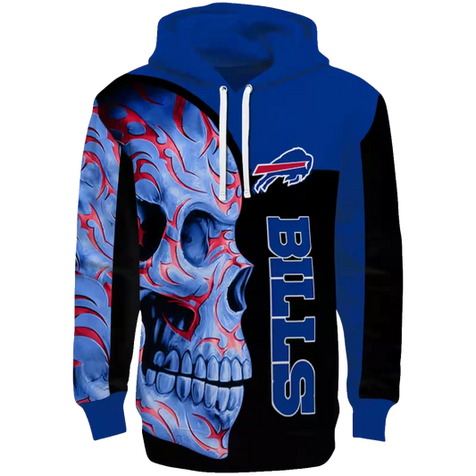 Buffalo Bills Skull Motif Blue Black AOP Hoodie -  Moonbestprint