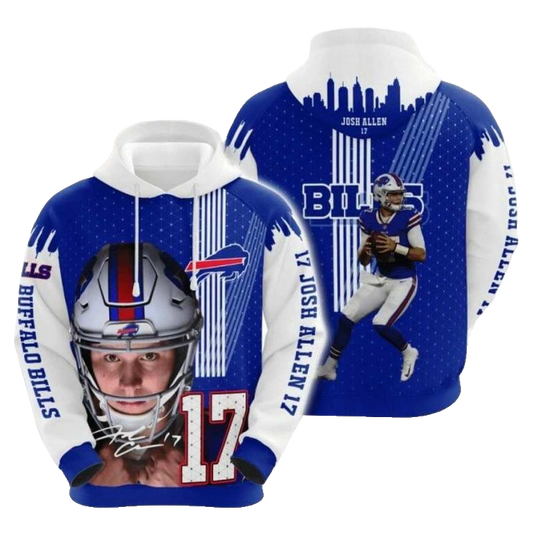 Buffalo Bills Josh Allen No 17 Blue White AOP Hoodie -  Moonbestprint
