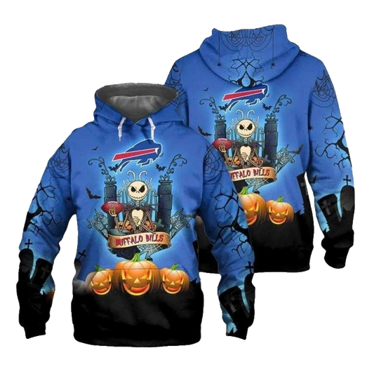 Buffalo Bills Halloween Jack Skellington With Pumpkin AOP Hoodie -  Moonbestprint
