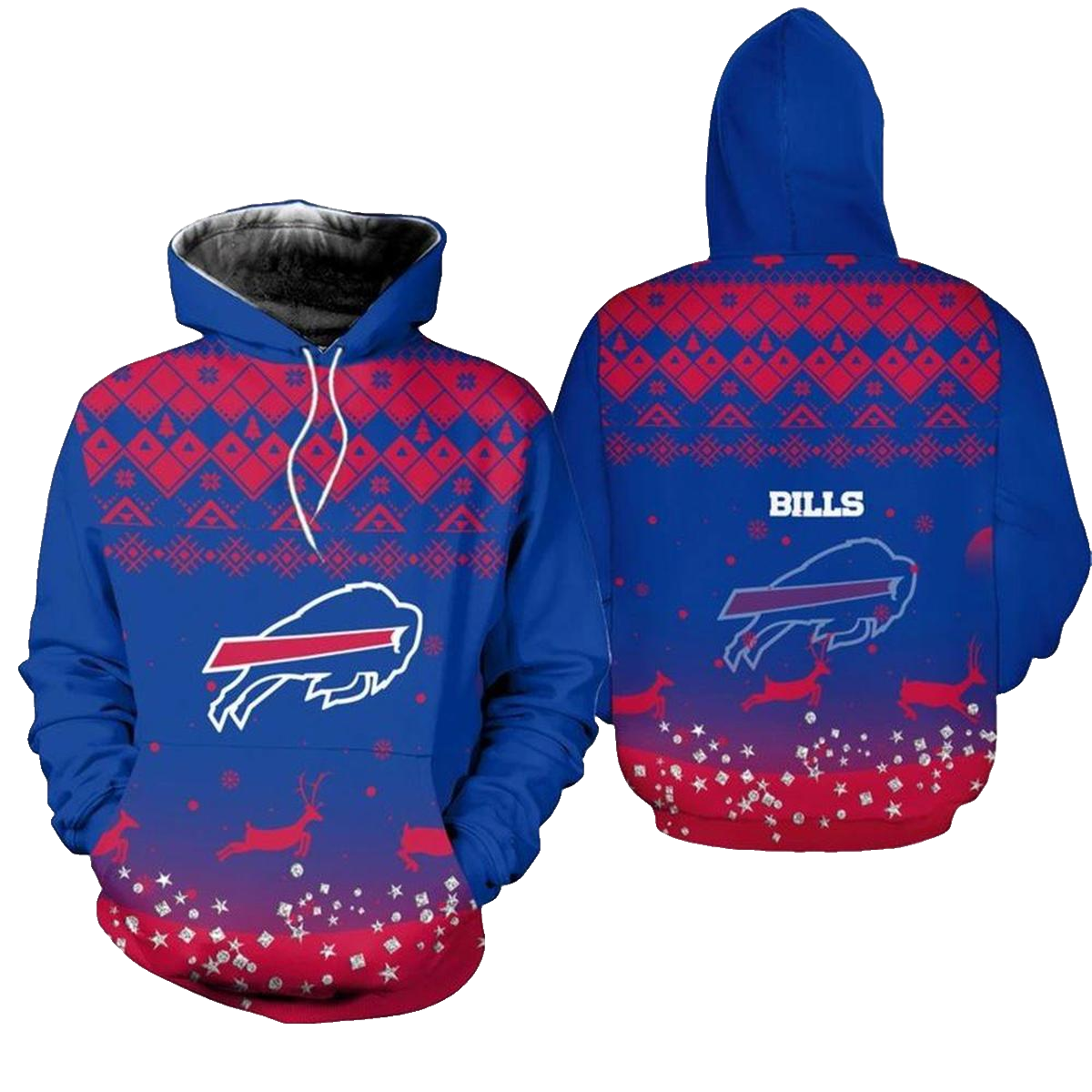 Buffalo Bills Christmas Pattern Reindeer Football Blue And Red AOP Hoodie -  Moonbestprint