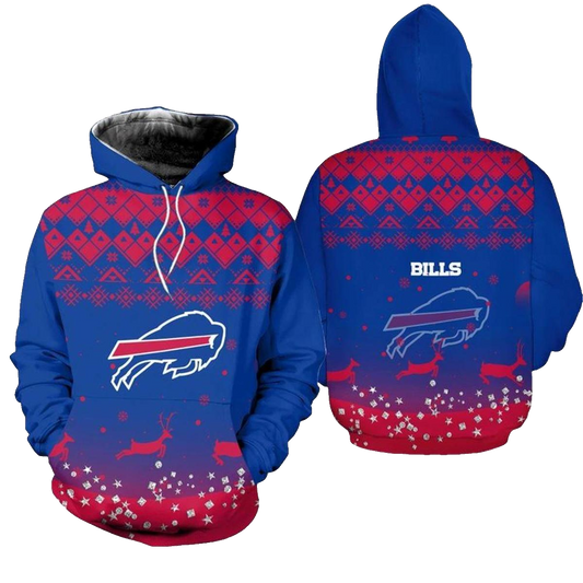 Buffalo Bills Christmas Pattern Reindeer Football Blue And Red AOP Hoodie -  Moonbestprint