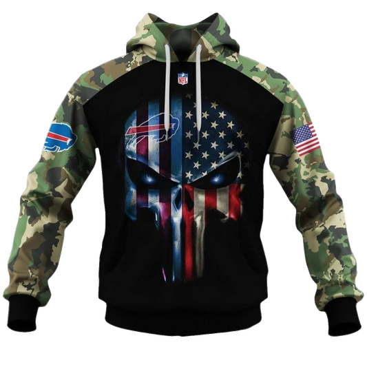Buffalo Bills Army Camouflage American Flag Punisher Skull AOP Hoodie -  Moonbestprint