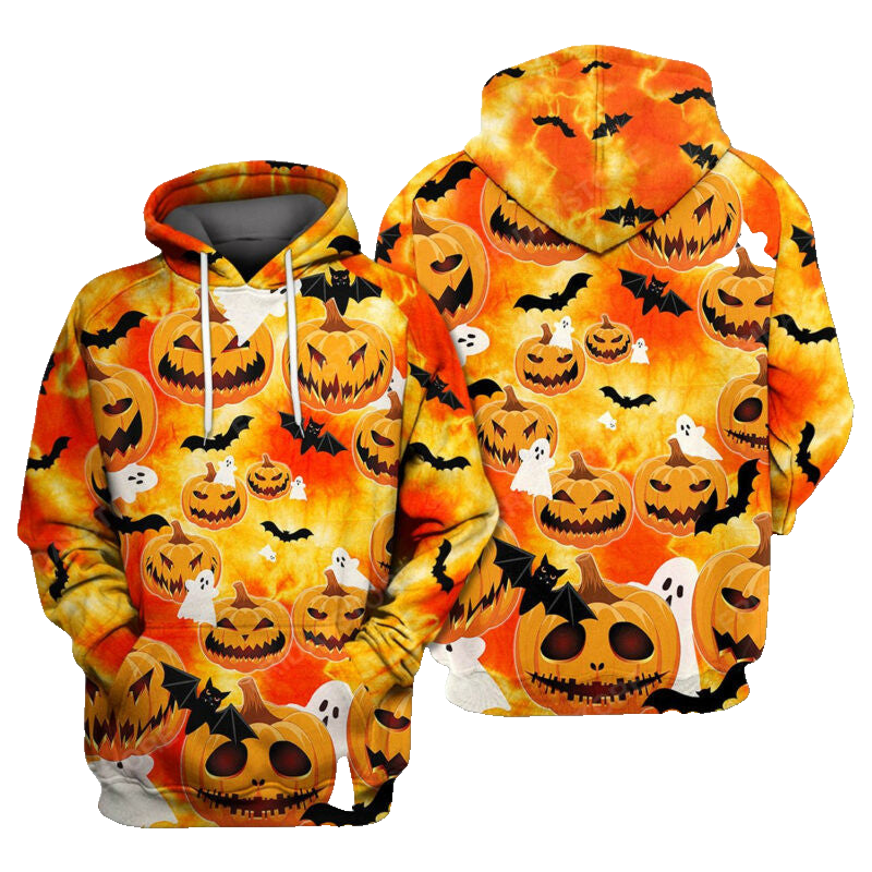 Halloween Hoodie Pumpkin Hoodie Scary Face Pumpkin Ghost And Bats Tie Dye Orange 3d Hoodie Zip Hoodie Moonbestprint