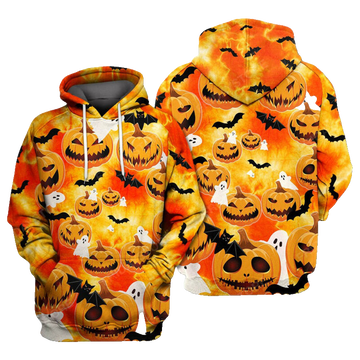Halloween Hoodie Pumpkin Hoodie Scary Face Pumpkin Ghost And Bats Tie Dye Orange 3d Hoodie Zip Hoodie Moonbestprint