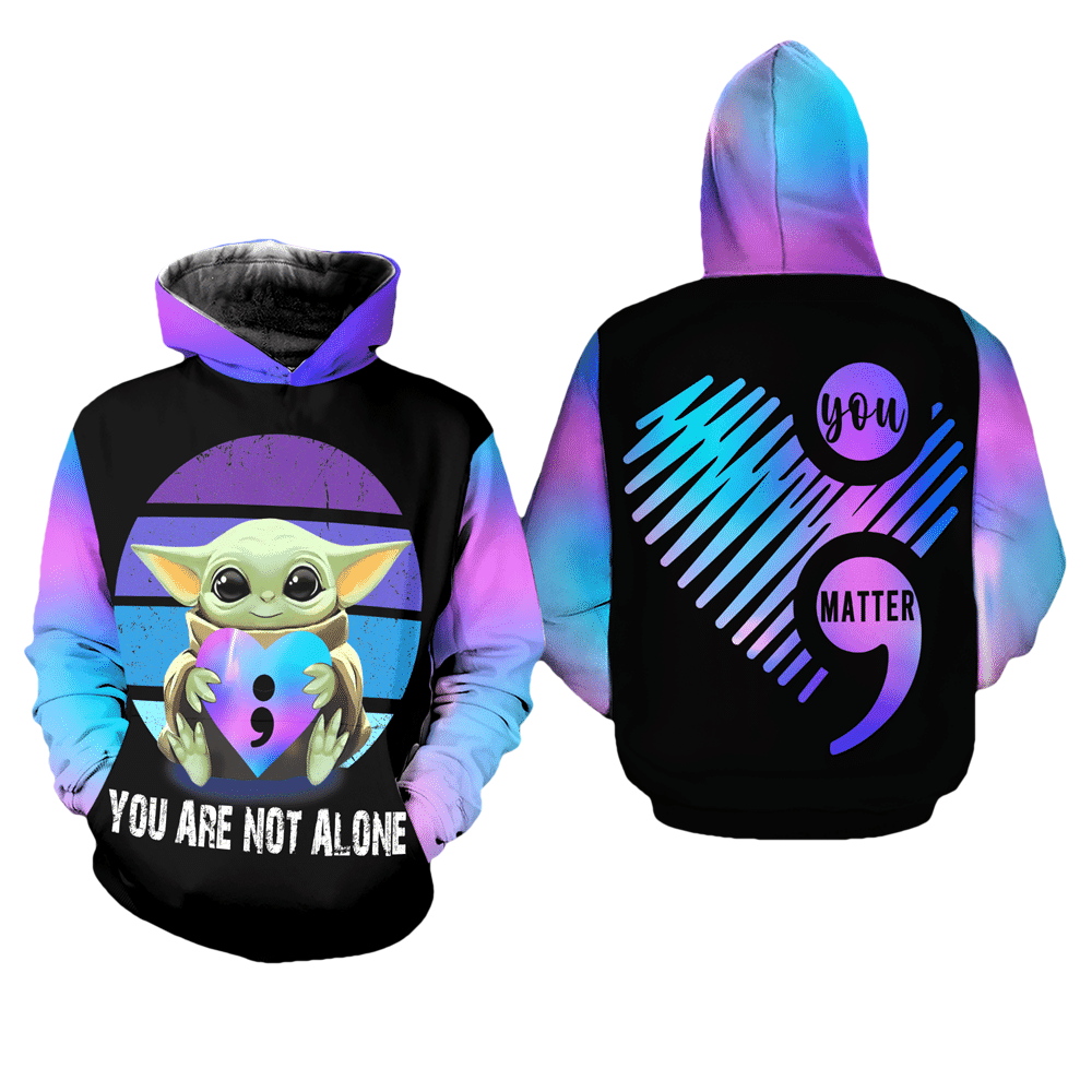 Suicide Awareness, Baby Yoda Suicide Awareness, You Are Not Alone All Over Print Hoodie, Zip Hoodie Moonbestprint