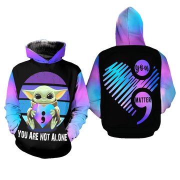 Suicide Awareness, Baby Yoda Suicide Awareness, You Are Not Alone All Over Print Hoodie, Zip Hoodie Moonbestprint