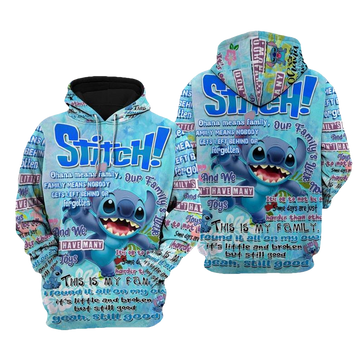 Lilo And Stitch Disney Cartoon, Disney Quotes, Stitch Ohana Punk Words Pattern All Over Print Hoodie, Zip Hoodie Moonbestprint