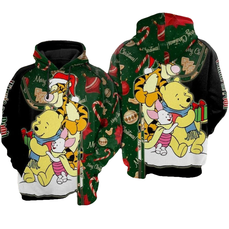 Disney Christmas Hoodie Pooh Tigger Piglet On Christmas Green Black 3d Hoodie Zip Hoodie Moonbestprint