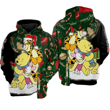 Disney Christmas Hoodie Pooh Tigger Piglet On Christmas Green Black 3d Hoodie Zip Hoodie Moonbestprint