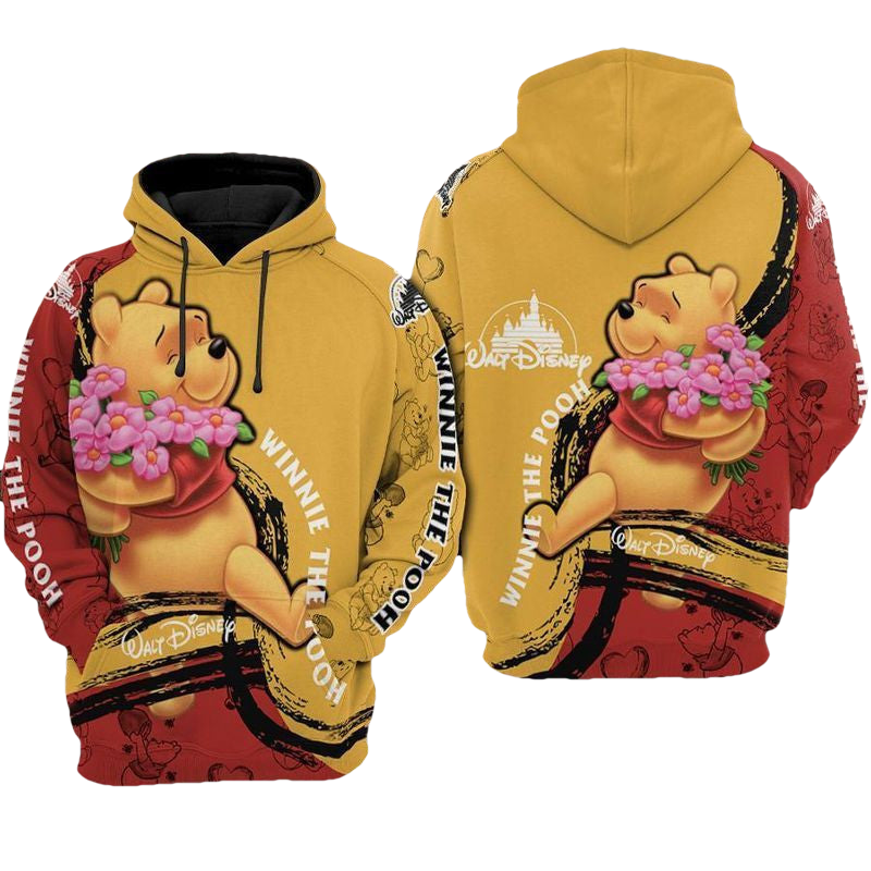 Pooh Hug Flower Winnie The Pooh Yellow And Red Over Print 3d Hoodie Zip Hoodie Moonbestprint