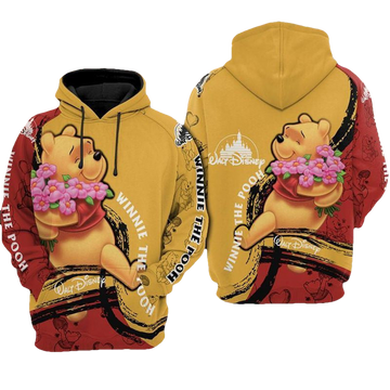 Pooh Hug Flower Winnie The Pooh Yellow And Red Over Print 3d Hoodie Zip Hoodie Moonbestprint