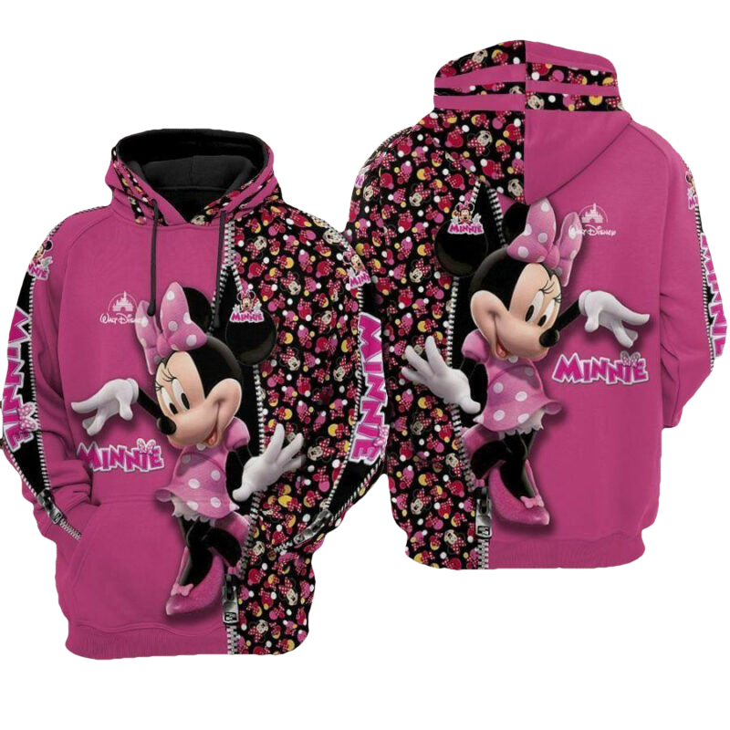 Disney Minnie Face Pattern Zipper Pink 3d Hoodie Zip Hoodie Moonbestprint