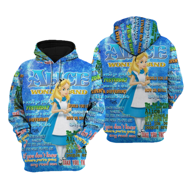 Alice Wonderland Words Pattern Disney Fan Gift Stylist Unisex Cartoon Graphic Outfits Aop Hoodie, Zip Hoodie 1402 Moonbestprint