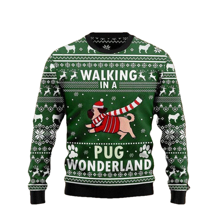 Walking In A Pug Wonderland Graphic Crewneck Sweater Green Ugly Christmas Tee For Men Women ? Usalast