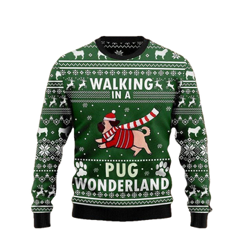 Walking In A Pug Wonderland Graphic Crewneck Sweater Green Ugly Christmas Tee For Men Women ? Usalast
