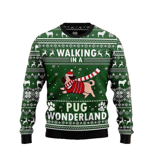 Walking In A Pug Wonderland Graphic Crewneck Sweater Green Ugly Christmas Tee For Men Women ? Usalast