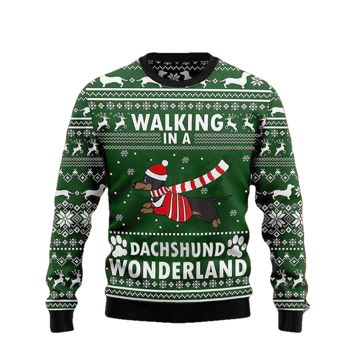 Walking In A Dachshund Wonderland Sweater Green Ugly Christmas Sweater Weiner Dog Gifts ? Usalast