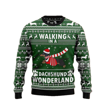 Walking In A Dachshund Wonderland Sweater Green Ugly Christmas Sweater Weiner Dog Gifts ? Usalast
