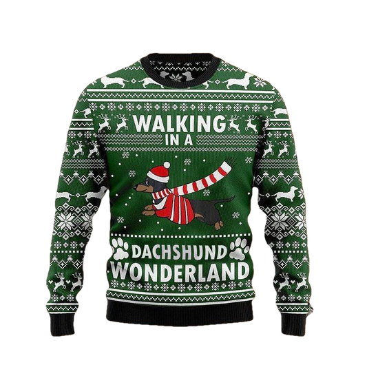 Walking In A Dachshund Wonderland Sweater Green Ugly Christmas Sweater Weiner Dog Gifts ? Usalast