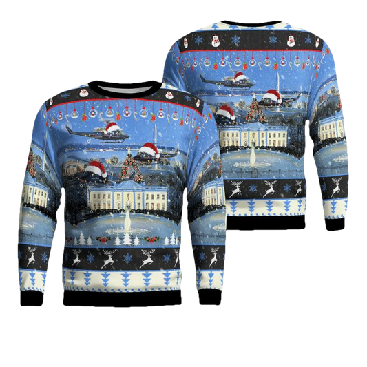 US Air Force Bell UH-1N Twin Huey of the 1st Helicopter Squadron flying over Washington DC Christmas AOP Sweater ? Usalast