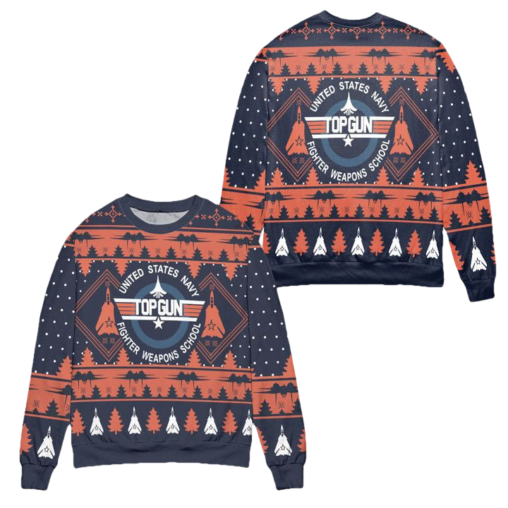 United States Navy Top Gun Pine Tree Pattern Ugly Christmas Sweater ? Orange Navy ? Usalast