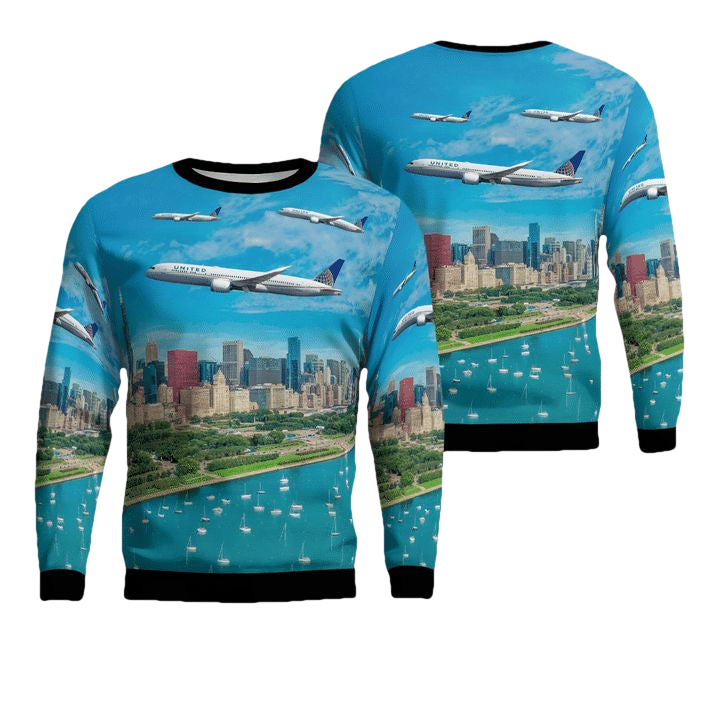 United Airlines Boeing 787-9 Dreamliner Merry Christmas 2021 Over Chicago Christmas Sweater 3D ? Usalast
