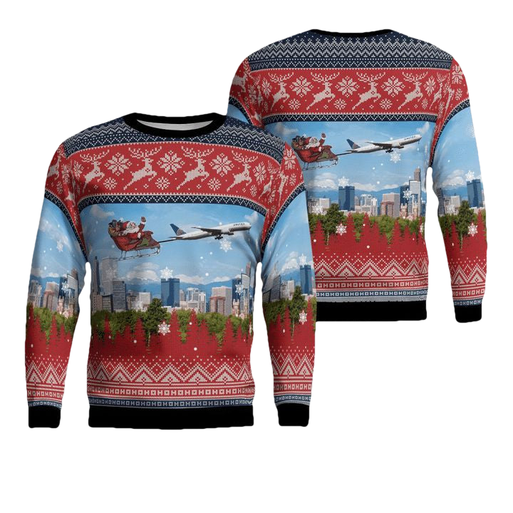 United Airlines Boeing 777-322ER With Santa over Denver Christmas AOP Sweater ? Usalast