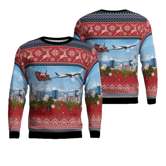 United Airlines Boeing 777-322ER With Santa over Denver Christmas AOP Sweater ? Usalast