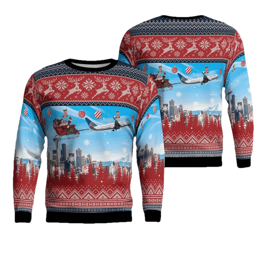 United Airlines Boeing 737-824 With Santa Over Seattle Christmas AOP Sweater ? Usalast