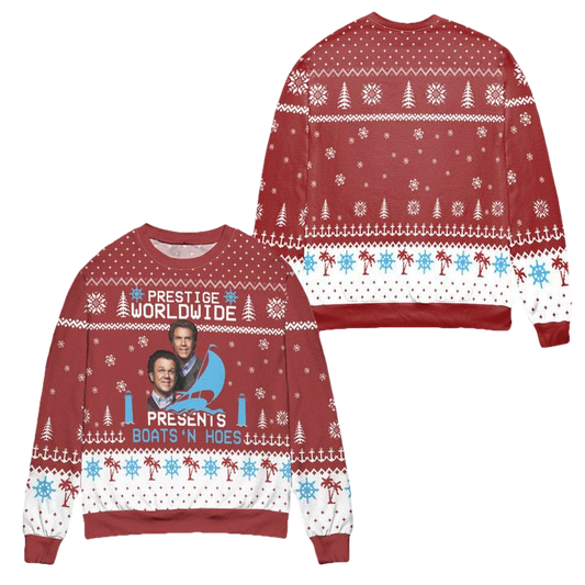 Step Brothers Prestige Worldwide Presents Boats N Hoes Ugly Christmas Sweater ? Red ? Usalast