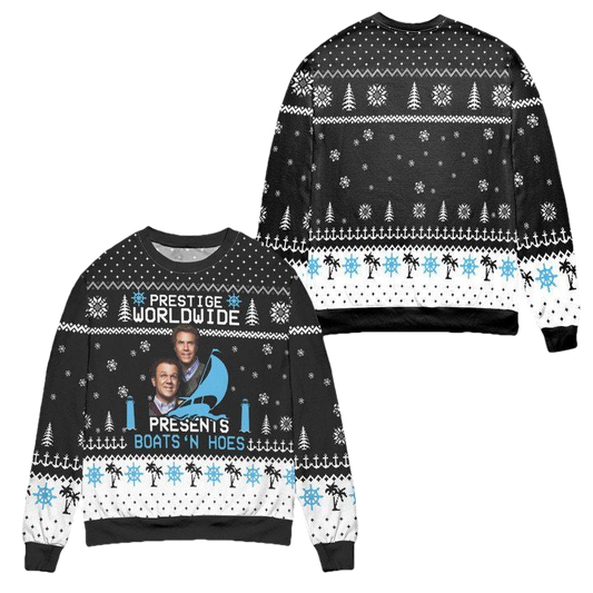 Step Brothers Prestige Worldwide Presents Boats N Hoes Ugly Christmas Sweater ? Black ? Usalast