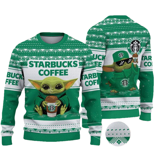 Starbucks Coffee Baby Yoda Merry Christmas Knitted Ugly Sweater ? Usalast