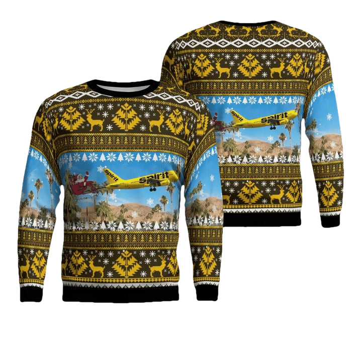 Spirit Airlines Airbus A319 With Santa Over Palm Springs Christmas AOP Sweater ? Usalast
