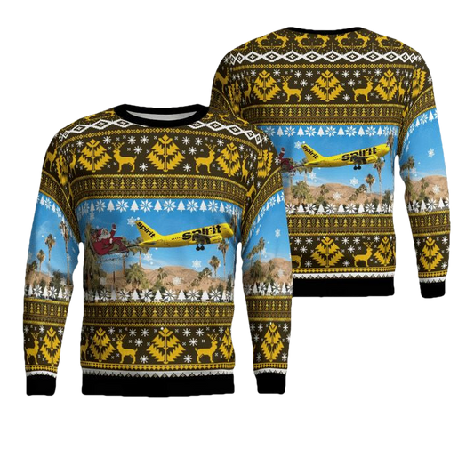 Spirit Airlines Airbus A319 With Santa Over Palm Springs Christmas AOP Sweater ? Usalast