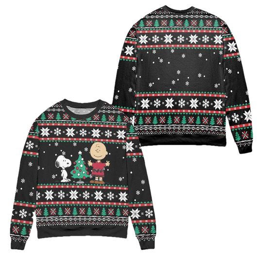 Snoopy Dog Charlie Brown Christmas Pine Tree Snowflake Pattern Ugly Christmas Sweater ? Black ? Usalast