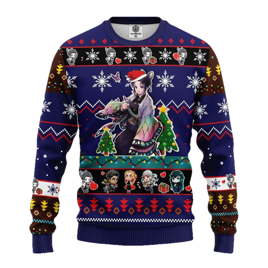 Shinobu Kocho Demon Slayer Anime Ugly Christmas Sweater Blue 1 Amazing Gift Idea Thanksgiving Gift ? Usalast