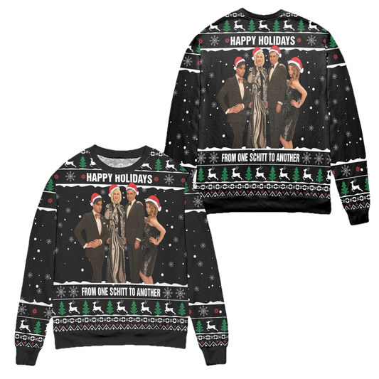Schitts Creek Happy Holiday From One Schitt To Another Pine Tree And Snowflake Pattern Ugly Christmas Sweater ? Black ? Usalast