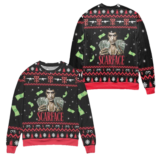 Scarface 1983 Film Pine Tree Snowflake Pattern Ugly Christmas Sweater ? Black ? Usalast