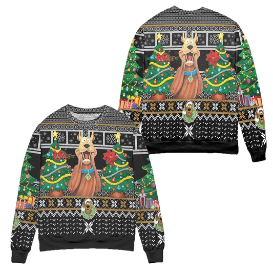 Santa Scoopy Doo And Christmas Tree Ugly Christmas Sweater ? Black ? Usalast