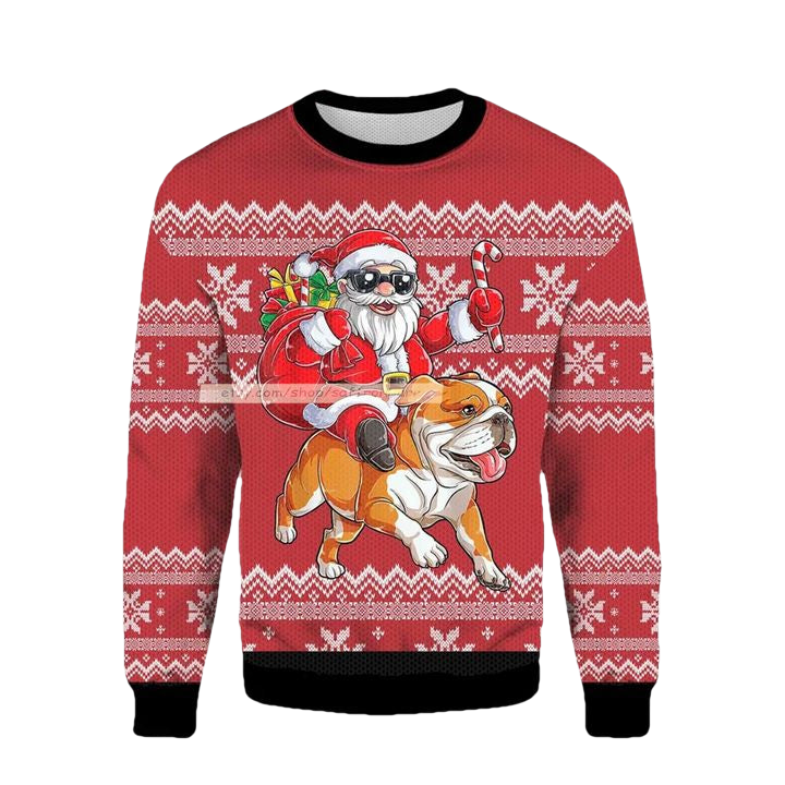 Santa Riding English Bulldog Ugly Christmas 3D Sweater ? Usalast