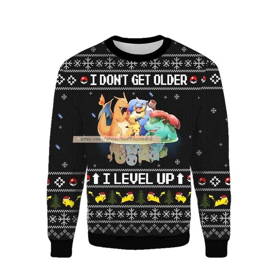 Santa Pokemon I Dont Get Older I Level Up Merry Christmas Ugly 3D Sweater ? Usalast