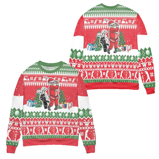 Santa Playing Golf Reindeer Pattern Ugly Christmas Sweater ? Red ? Usalast