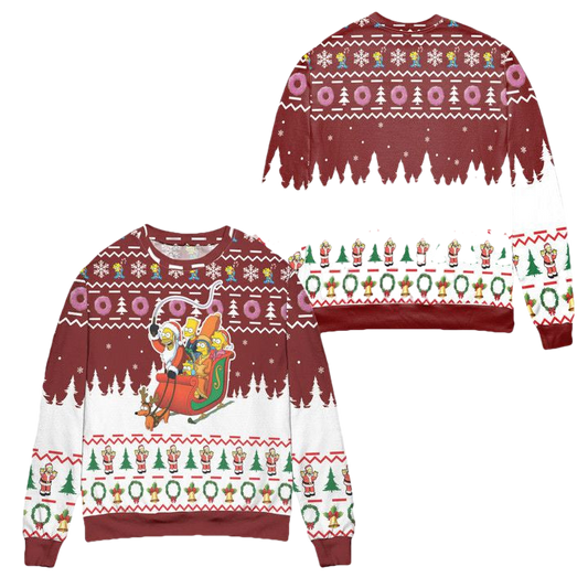 Santa Claus The Simpsons Version Snowflake Pine Tree Pattern Ugly Christmas Sweater ? Red ? Usalast