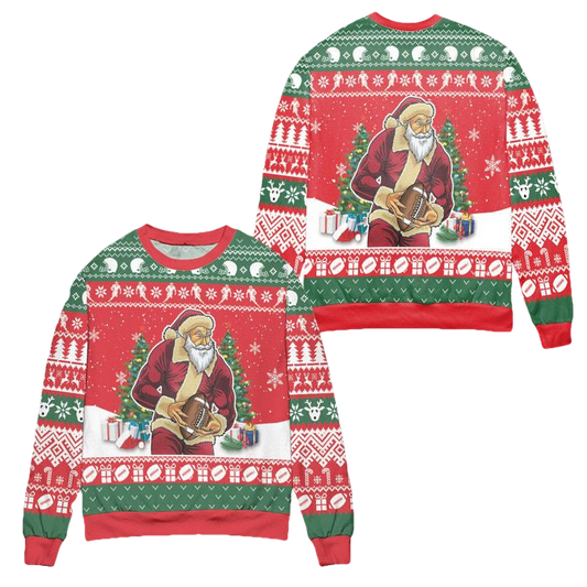 Santa Claus Football Snowflake Pattern Ugly Christmas Sweater ? Red Green ? Usalast