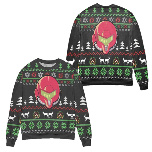 Samus Aran Helmet Pine Tree Pattern Ugly Christmas Sweater ? Black ? Usalast