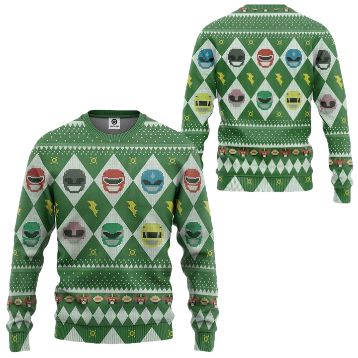 Mighty Morphin Power Rangers Argyle Pattern Ugly Christmas Sweater ? Green ? Usalast