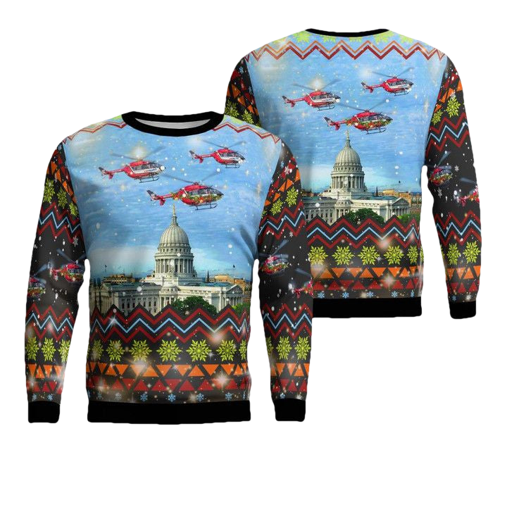 Madison Wisconsin UW Med Flight Eurocopter EC 145 Christmas Sweater 3D ? Usalast