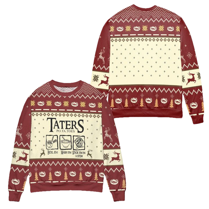 Lord of The Rings Taters Potatoes Recipe Pine Tree Reindeer Pattern Ugly Christmas Sweater ? Red ? Usalast