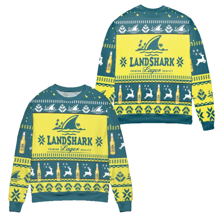 Landshark Lager Beer Logo Reindeer Pattern Ugly Christmas Sweater ? Yellow Blue ? Usalast